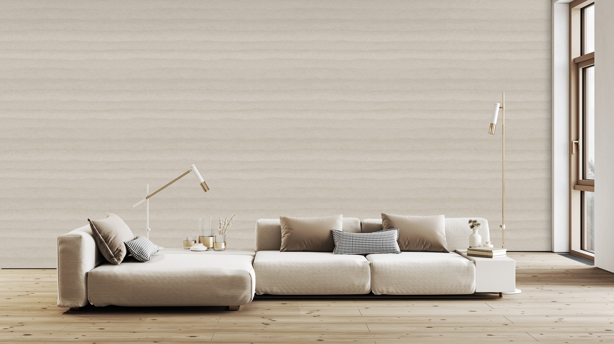 Modern,,White,Minimalist,Interior,With,Kitchen,,Sofa,,Wood,Floor,,Wall